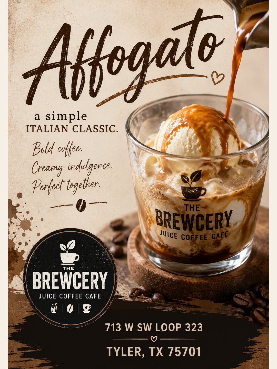 Affogato flyer — espresso poured over ice cream