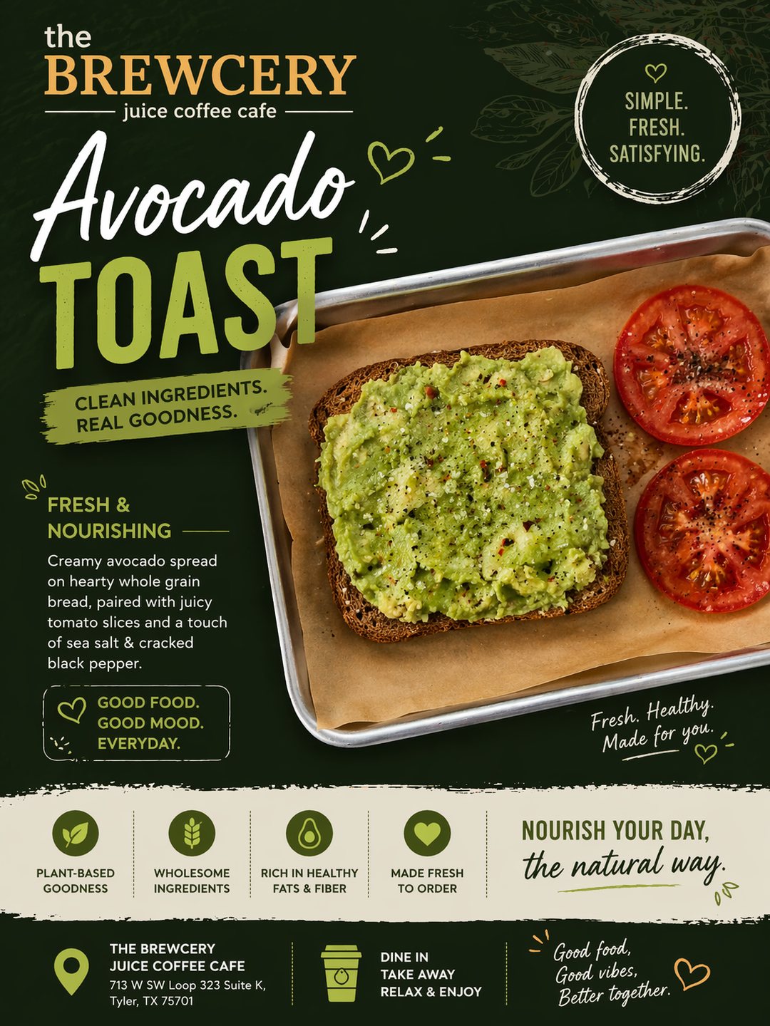 Avocado Toast flyer — smashed avocado on whole grain bread