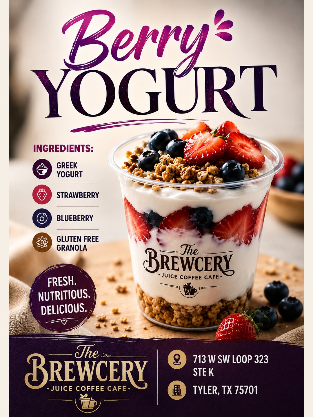 Berry Yogurt flyer — Greek yogurt with berries and granola
