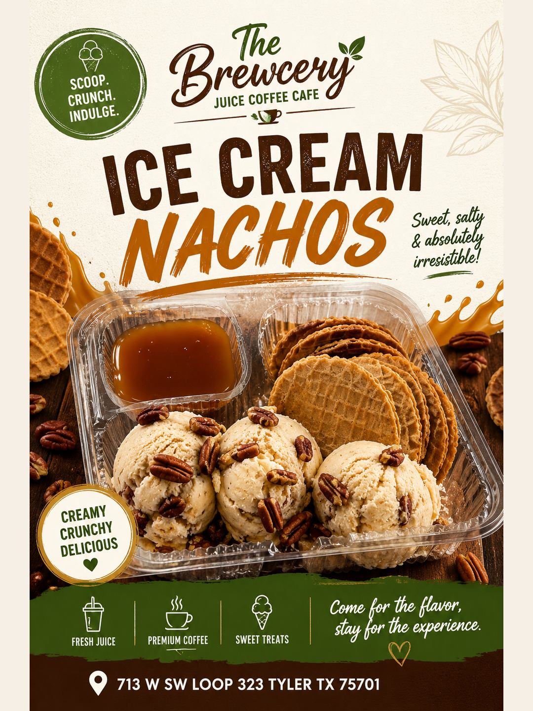 Ice Cream Nachos flyer — build your own with toppings and dipping sauce